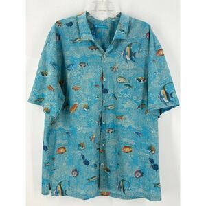 Tori Richard Mens 2X Button Up Shirt Aqua Fish Coral Print Short Sleeve Hawaiian